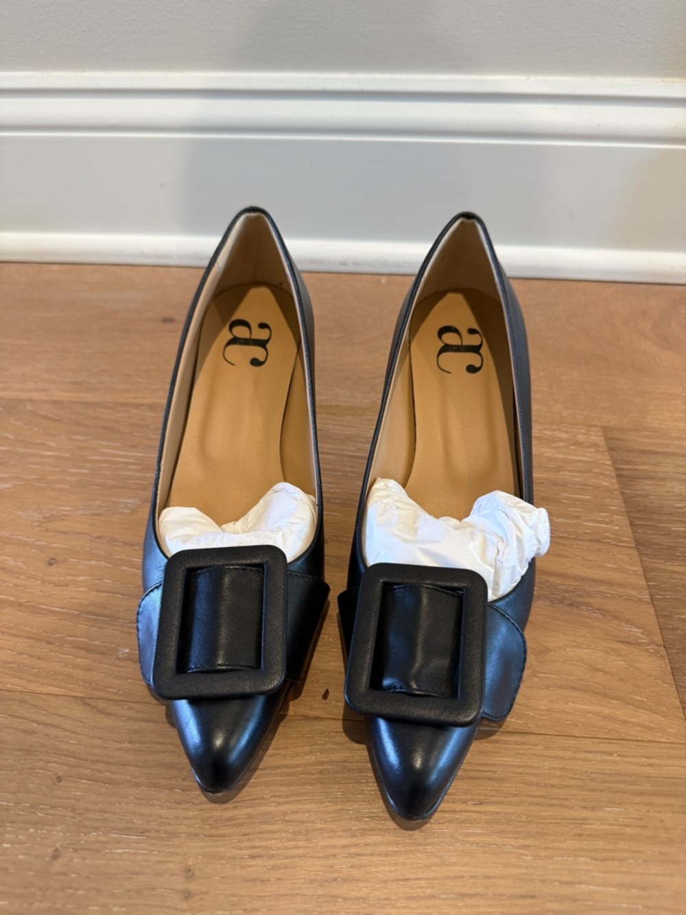 Pointed Toe Black Buckle Flats - Women